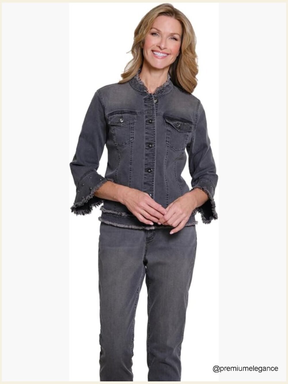 3/4 Flounce Sleeve Stand Collar Button Front Embroidered Jean Jacket